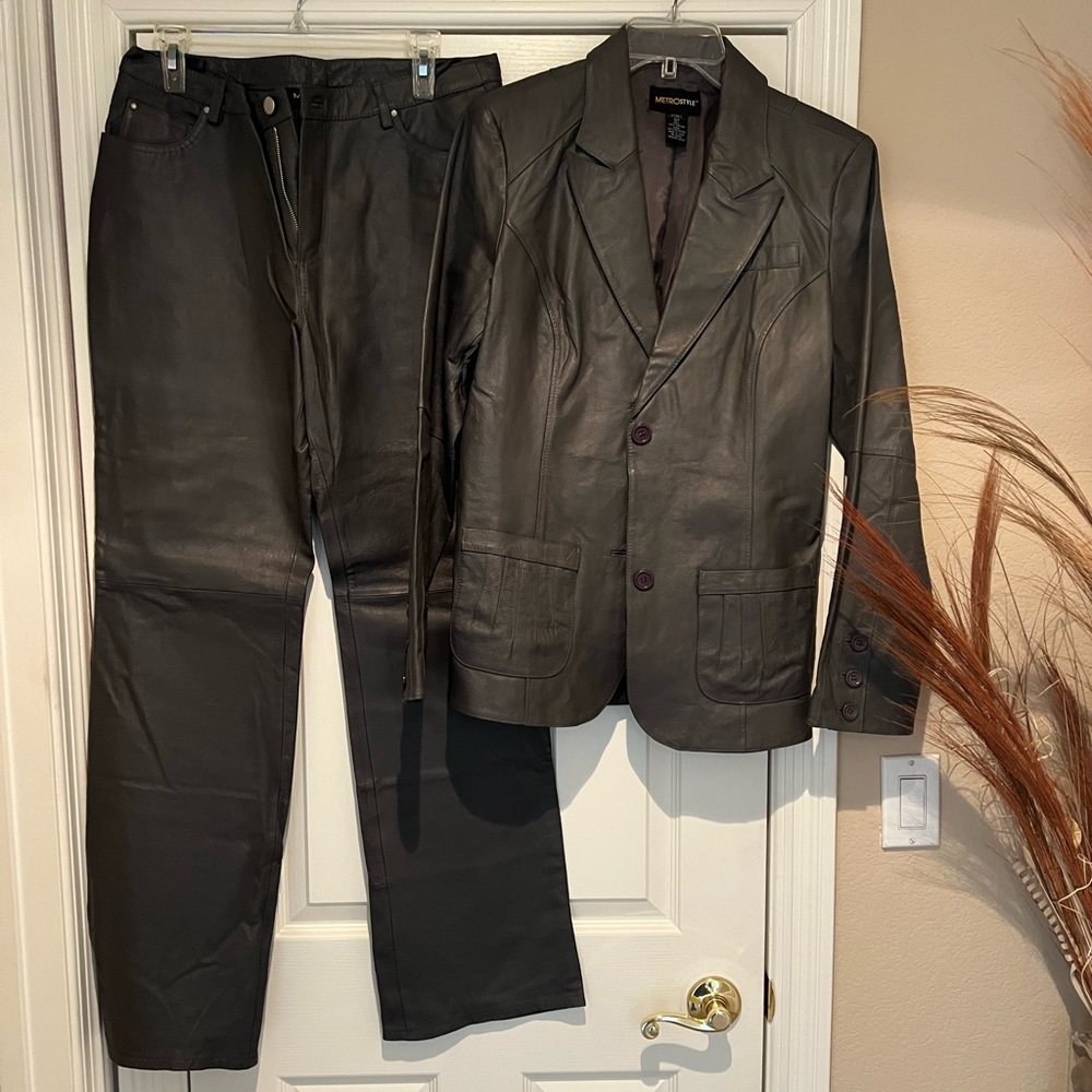 Grey Leather Blazer & Matching Grey Leather Pants Set